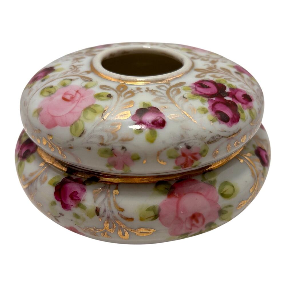 Antique Porcelain Hair Receiver, Hand Painted w/ Gold Gilt Floral Vanity Dish